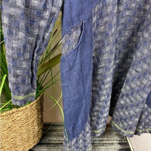 Flax Blue 100% Linen Long Sleeve Two Tone Tunic Top P - Picture 5 of 7